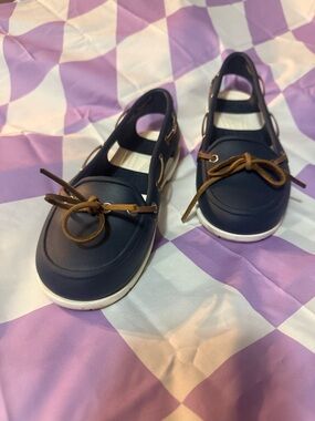 CROCS Navy Blue Mary Jane Boat Shoes with Brown Laces